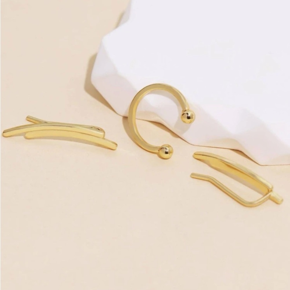 3 Piece Dainty Delicate Shimmering Gold Ear Climber+Ear Cuff Set - Picture 3 of 5